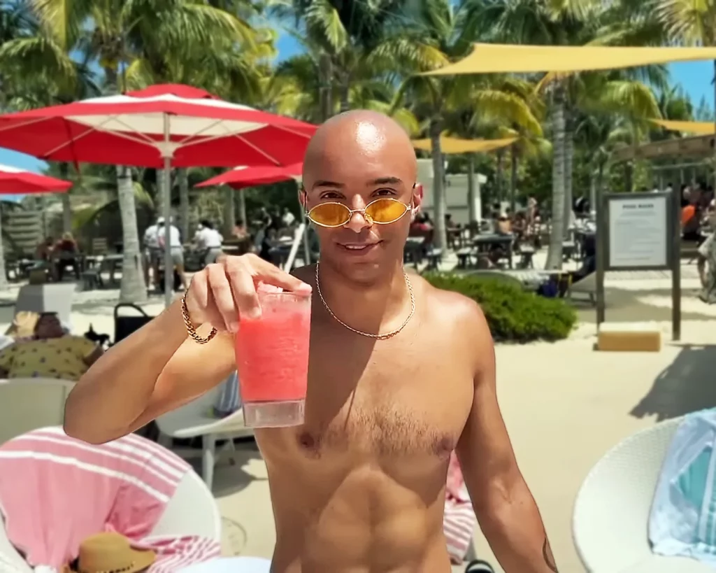 Jete (Jason Jeter, aka showmelovejete), at Virgin Voyages' The Beach Club in Bimini Bahamas